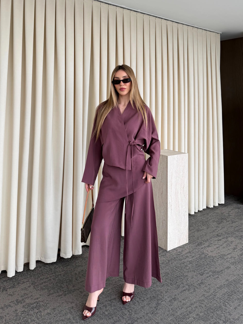 Gül Kurusu Pantolon Ek Parça Detaylı Kimono Takım - 8009