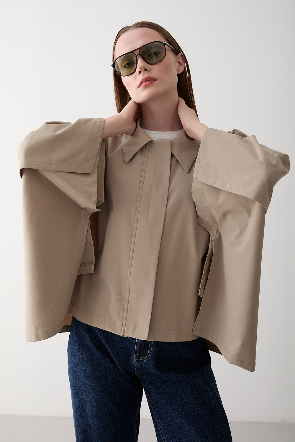 Bej Pelerin Model Trençkot - 7603