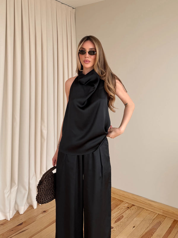 Siyah Saten Bluz Pantolon Takım - 30433