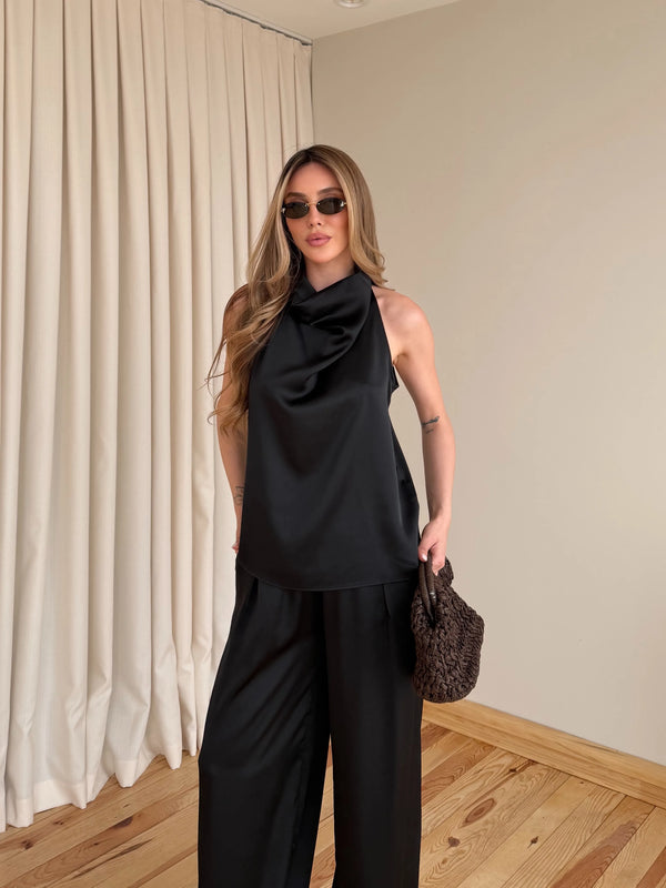 Siyah Saten Bluz Pantolon Takım - 30433