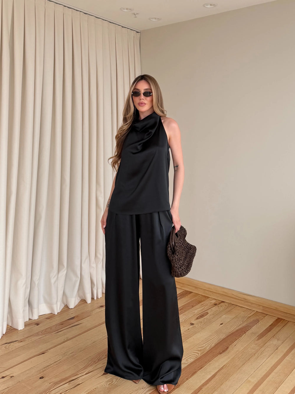 Siyah Saten Bluz Pantolon Takım - 30433