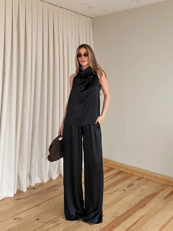 Siyah Saten Bluz Pantolon Takım - 30433
