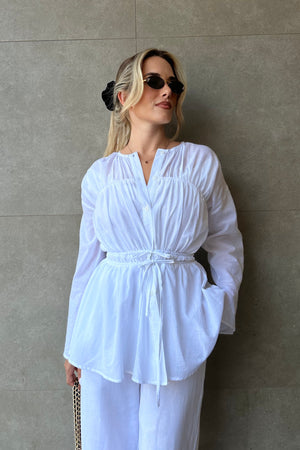 Beyaz Bel Detaylı Vual Keten Gömlek