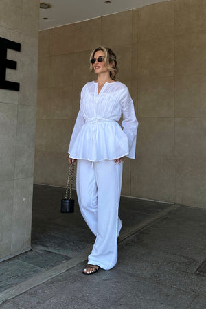 Beyaz Bel Detaylı Vual Keten Gömlek