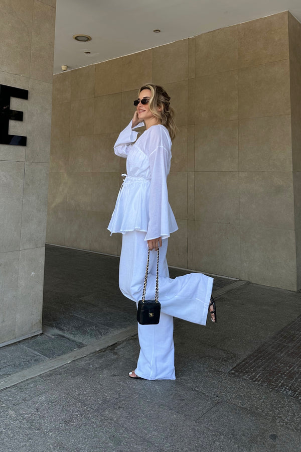 Beyaz Bel Detaylı Vual Keten Gömlek