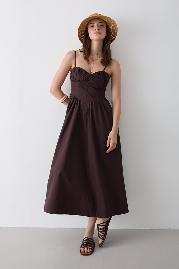 Kahverengi Bel Detaylı Poplin Elbise - 2001