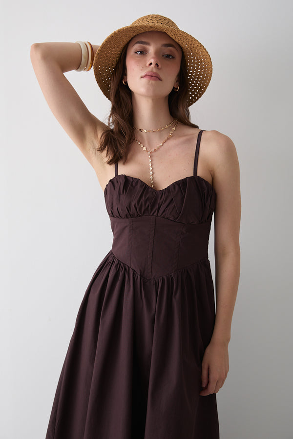 Kahverengi Bel Detaylı Poplin Elbise - 2001