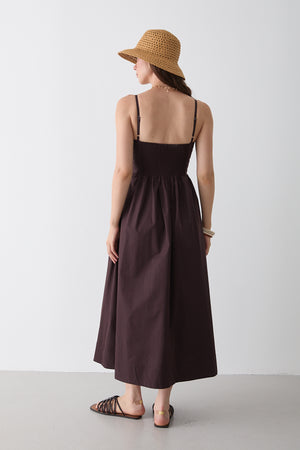 Kahverengi Bel Detaylı Poplin Elbise - 2001