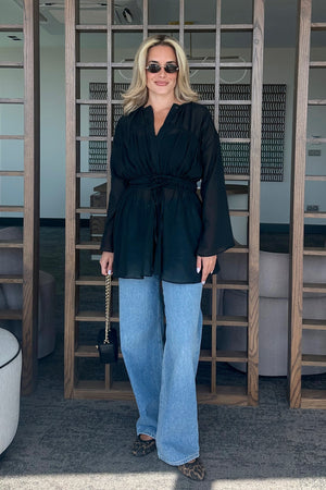 Siyah Bel Detaylı Vual Keten Gömlek