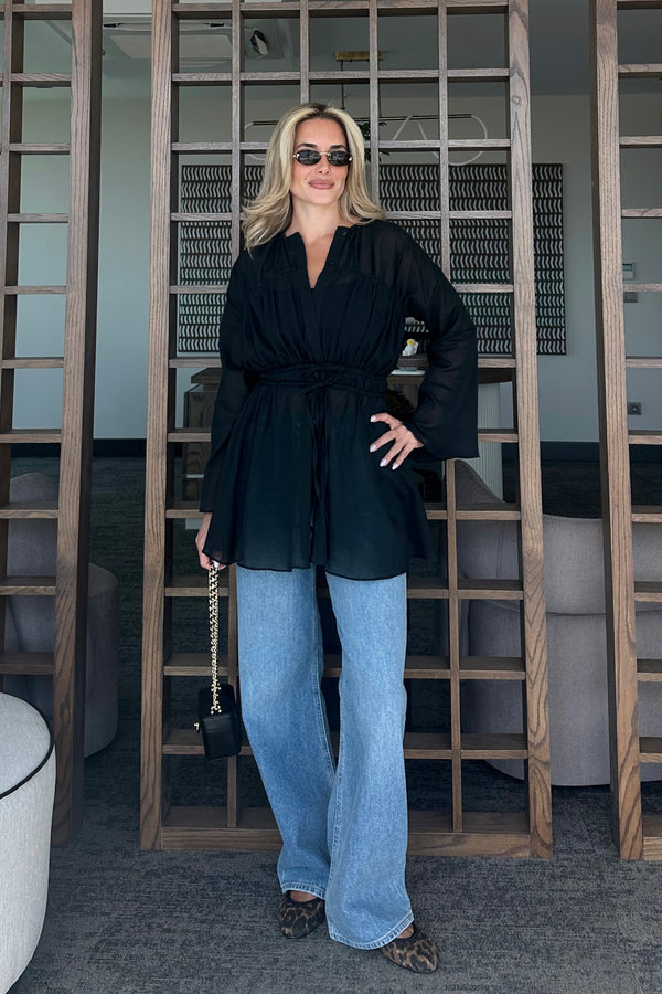 Siyah Bel Detaylı Vual Keten Gömlek