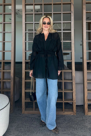 Siyah Bel Detaylı Vual Keten Gömlek