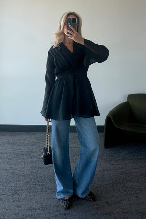 Siyah Bel Detaylı Vual Keten Gömlek