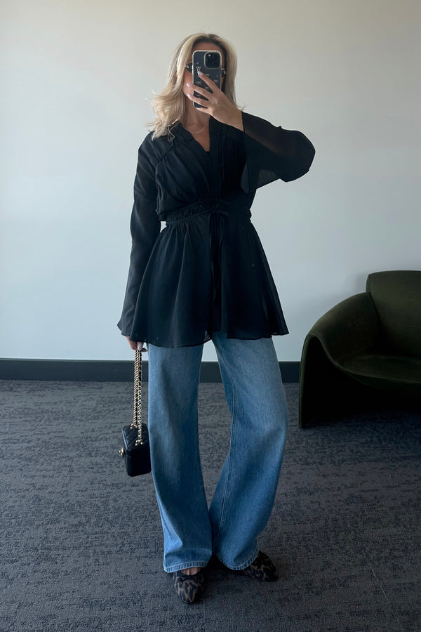 Siyah Bel Detaylı Vual Keten Gömlek