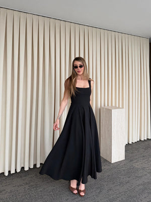 Siyah Beli Fiyonklu Prenses Model Elbise - 3333