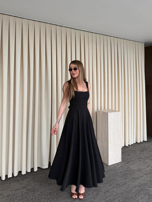 Siyah Beli Fiyonklu Prenses Model Elbise - 3333