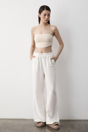 Beyaz Beli Lastikli Bol Paça Pantolon
