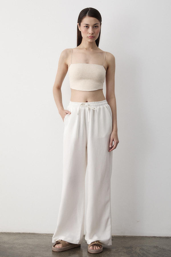 Beyaz Beli Lastikli Bol Paça Pantolon