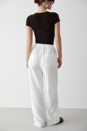 Beyaz Beli Lastikli Pamuklu Keten Pantolon