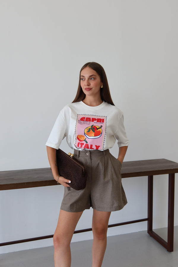 Beyaz Capri Baskılı T-shirt