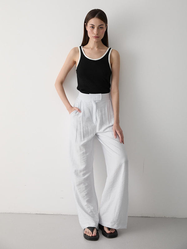 Beyaz Cırt Cırt Kapamalı Bol Paça Pantolon