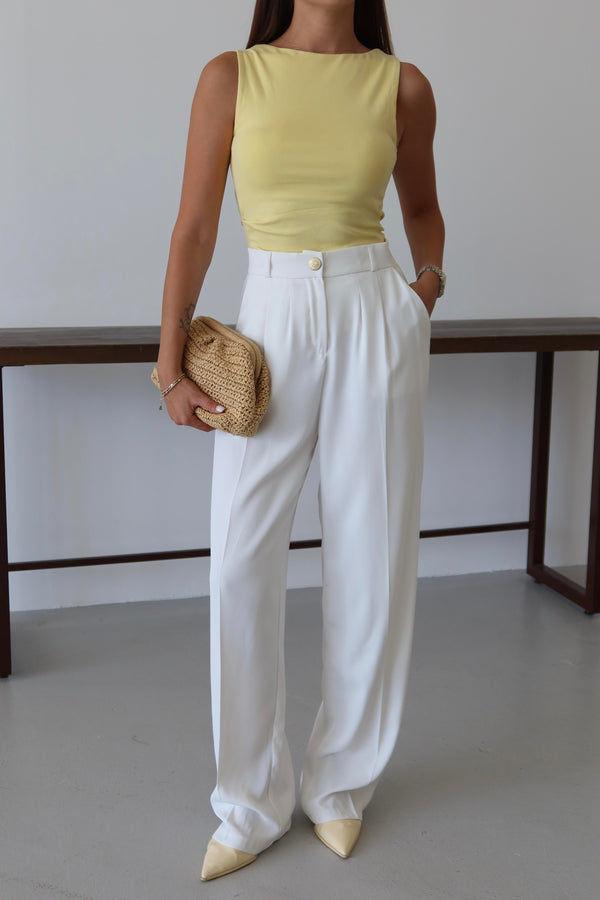 Beyaz Gold Düğmeli Beli Lastikli Palazzo Pantolon