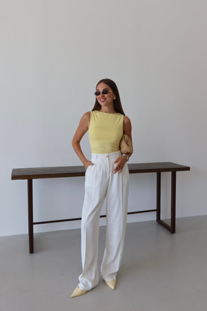 Beyaz Gold Düğmeli Beli Lastikli Palazzo Pantolon