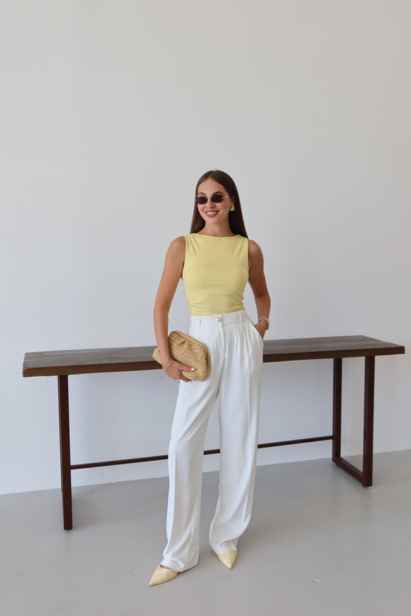 Beyaz Gold Düğmeli Beli Lastikli Palazzo Pantolon