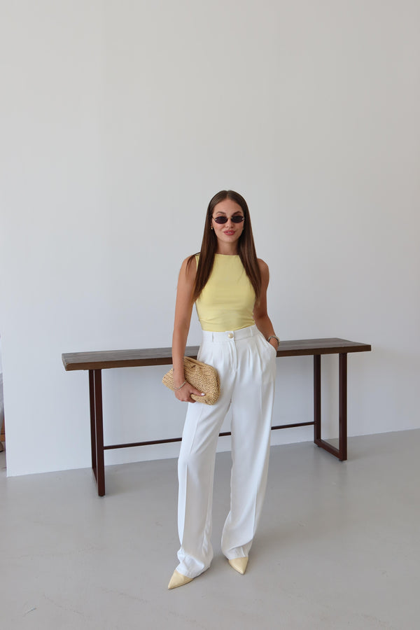 Beyaz Gold Düğmeli Beli Lastikli Palazzo Pantolon