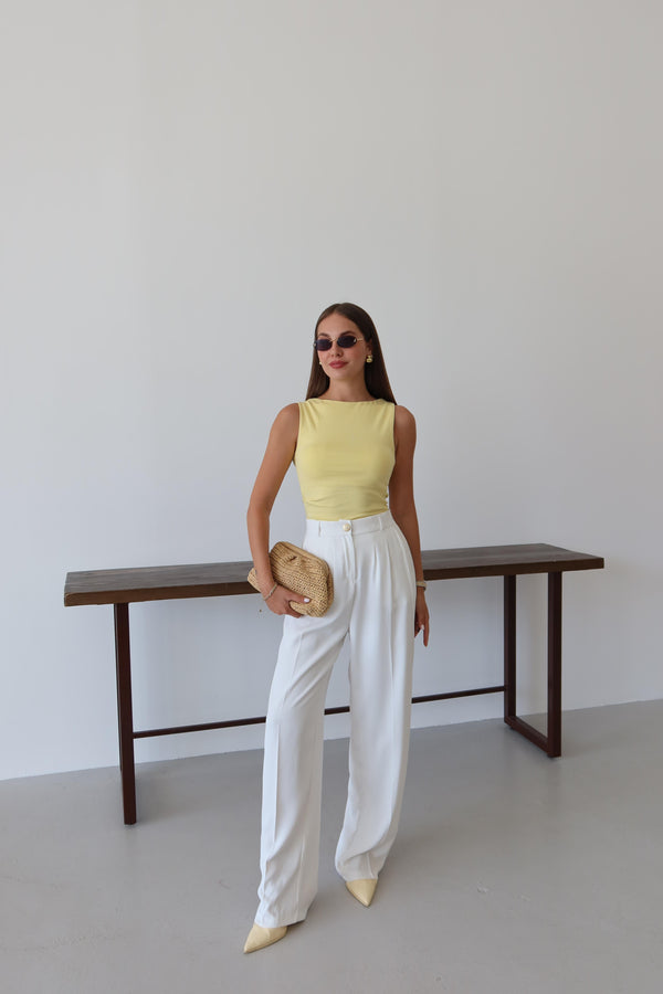 Beyaz Gold Düğmeli Beli Lastikli Palazzo Pantolon