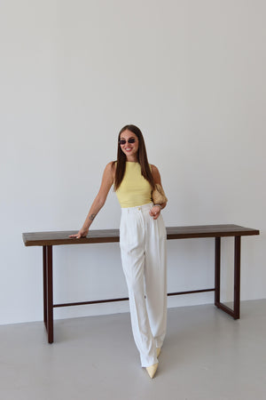 Beyaz Gold Düğmeli Beli Lastikli Palazzo Pantolon