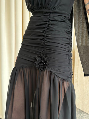 Siyah Gül Detaylı Şifon Elbise - 2485