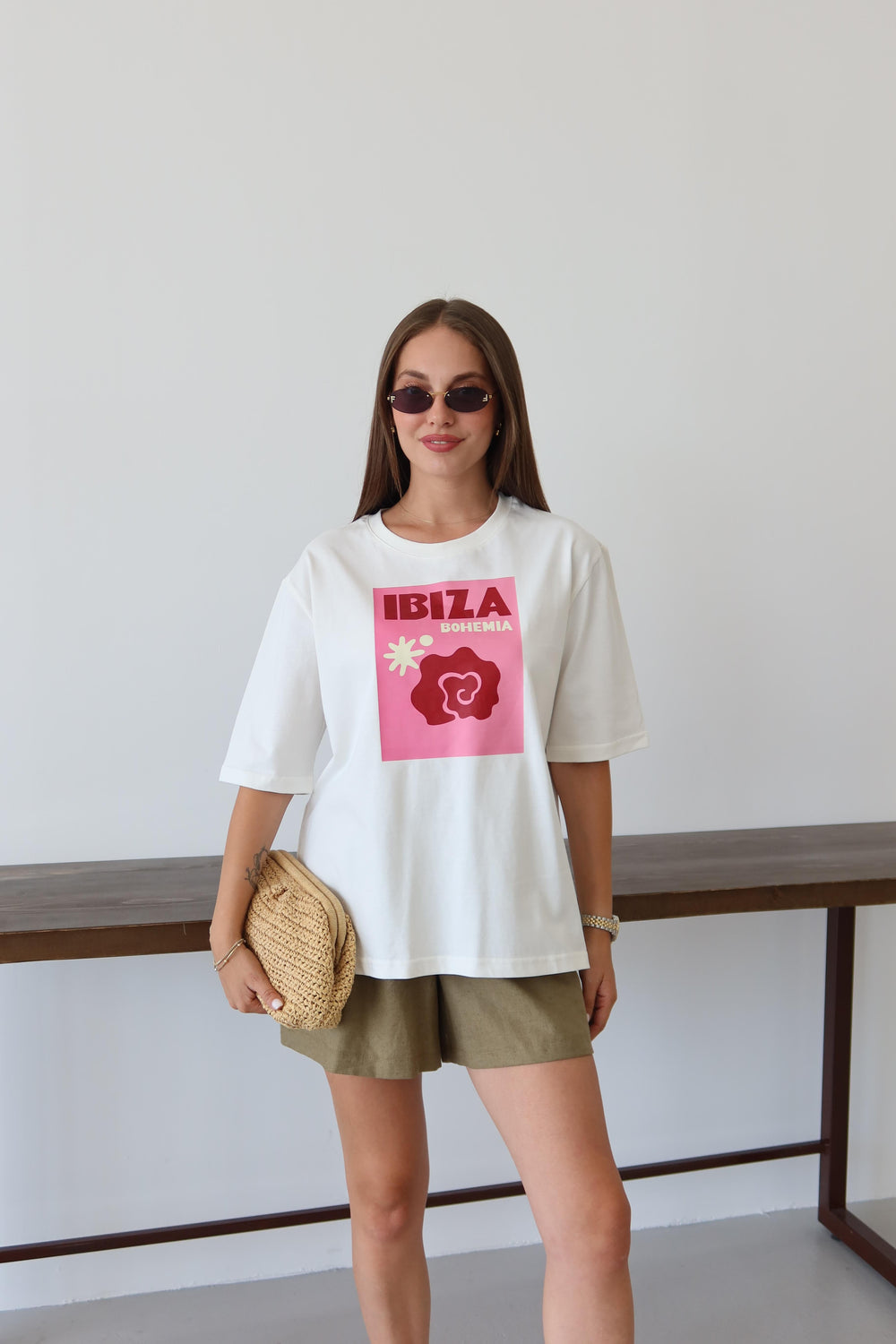 Beyaz Ibiza Baskılı T-shirt