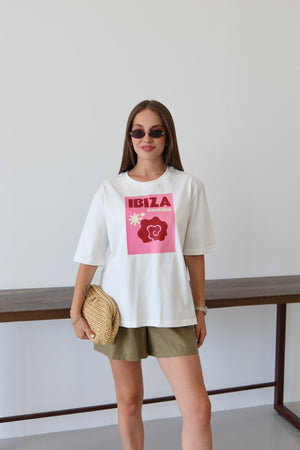 Beyaz Ibiza Baskılı T-shirt