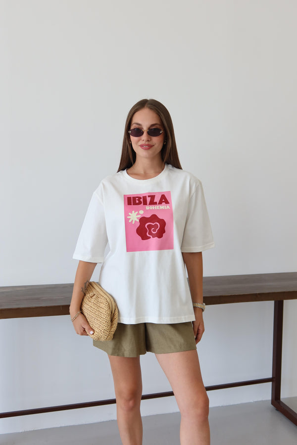 Beyaz Ibiza Baskılı T-shirt