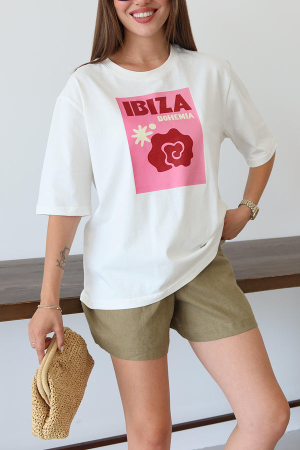 Beyaz Ibiza Baskılı T-shirt