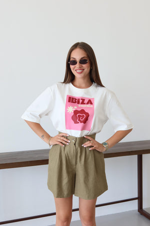 Beyaz Ibiza Baskılı T-shirt
