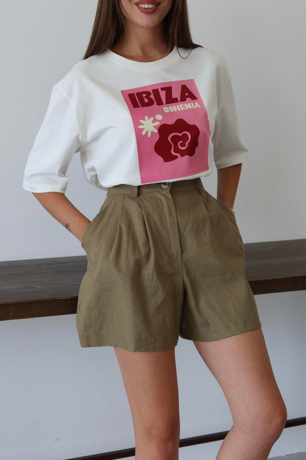 Beyaz Ibiza Baskılı T-shirt