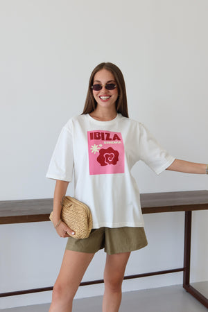 Beyaz Ibiza Baskılı T-shirt