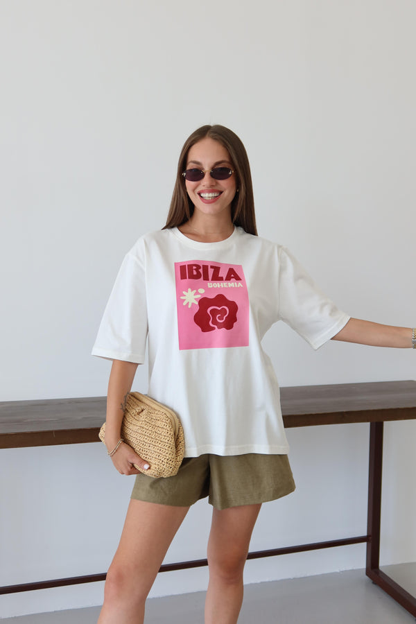 Beyaz Ibiza Baskılı T-shirt
