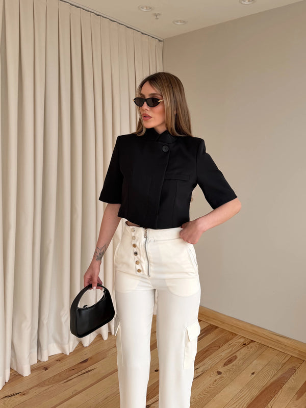 Siyah Kısa Kollu Crop Ceket - 504368