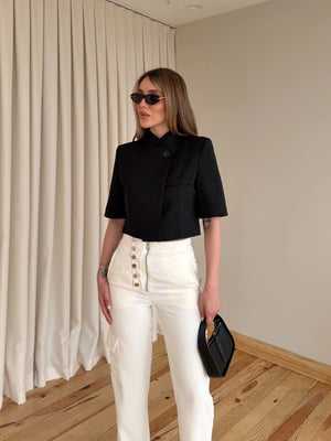 Siyah Kısa Kollu Crop Ceket - 504368