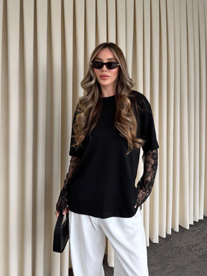 Siyah Kolları Dantelli Bluz - 1049