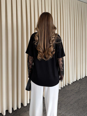 Siyah Kolları Dantelli Bluz - 1049