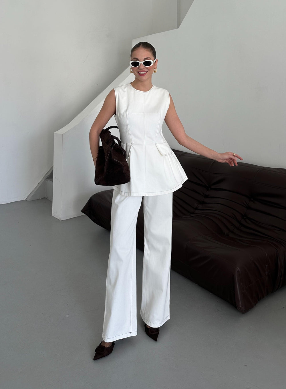 Beyaz Leandra Tasarım Bluz Pantolon Takım