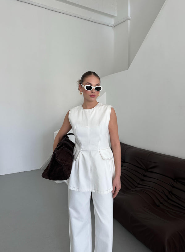 Beyaz Leandra Tasarım Bluz Pantolon Takım