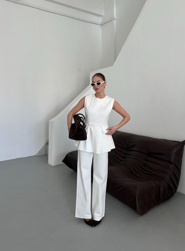 Beyaz Leandra Tasarım Bluz Pantolon Takım