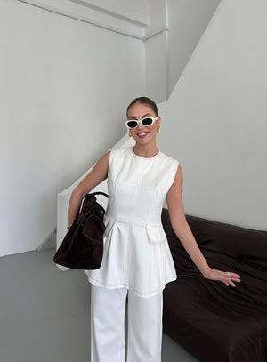 Beyaz Leandra Tasarım Bluz Pantolon Takım