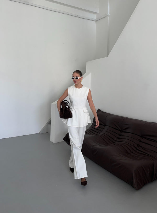 Beyaz Leandra Tasarım Bluz Pantolon Takım