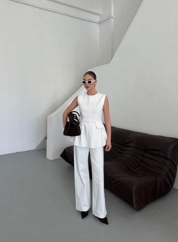 Beyaz Leandra Tasarım Bluz Pantolon Takım