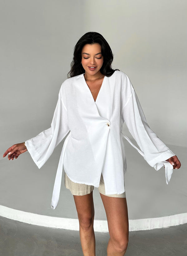 Beyaz Pamuklu Düğme Detaylı Kemerli Keten Kimono